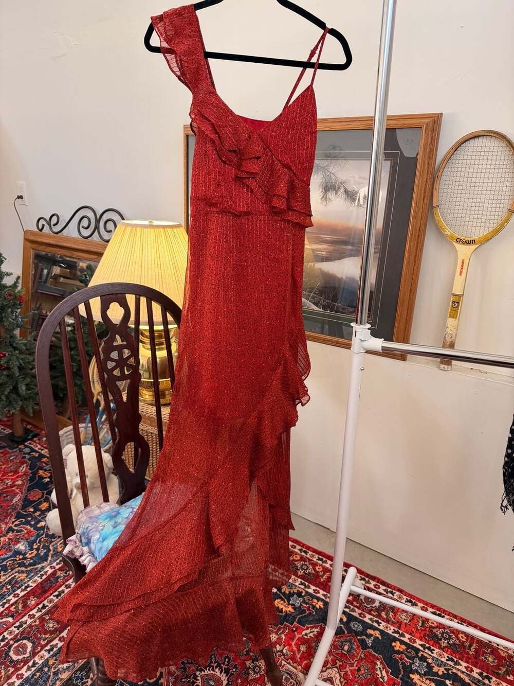 Red Asymmetrical High-Low Ruffle Maxi Dress Boho Slip Cocktail Whimsical Fairy